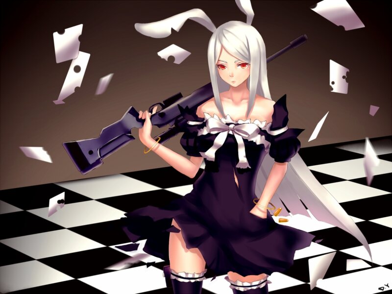 Anime Girl with Rifle — Black, Dramatic, Digital Art, Checkered Floor