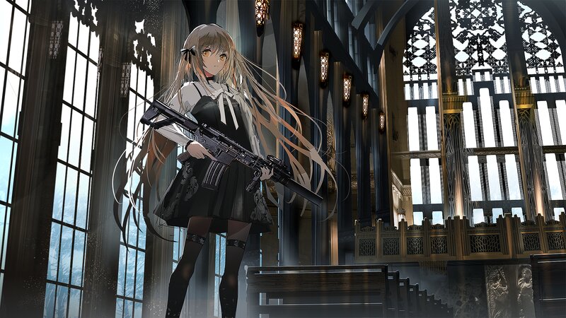 Anime Girl with Rifle — Black, Dramatic, Digital Art, Church