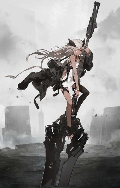 Anime Girl with Rifle — Black, Dramatic, Digital Art, City Ruins