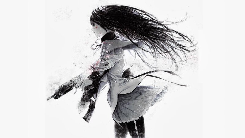 Anime Girl with Rifle — Black, Dramatic, Digital Art, Long Hair