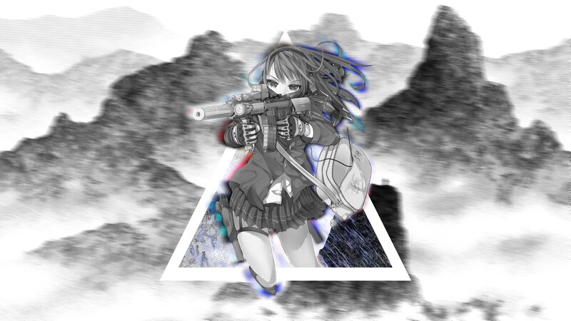Anime Girl with Rifle — Black, Dramatic, Digital Art, Mountains