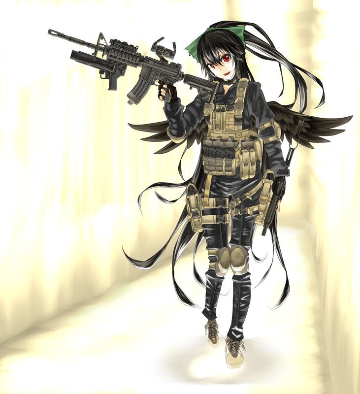 Anime Girl with Rifle — Black, Dramatic, Digital Art, Tactical Vest
