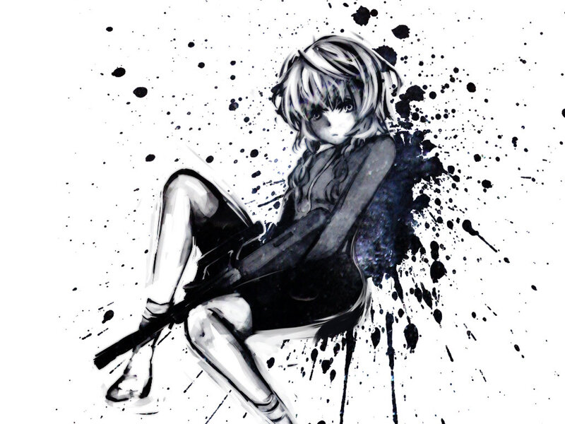 Anime Girl with Rifle — Black, Dramatic, Digital Art