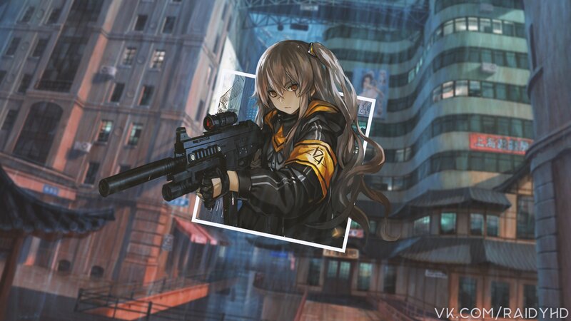 Anime Girl with Rifle — Black, Dramatic, Night, Digital Art, Cityscape