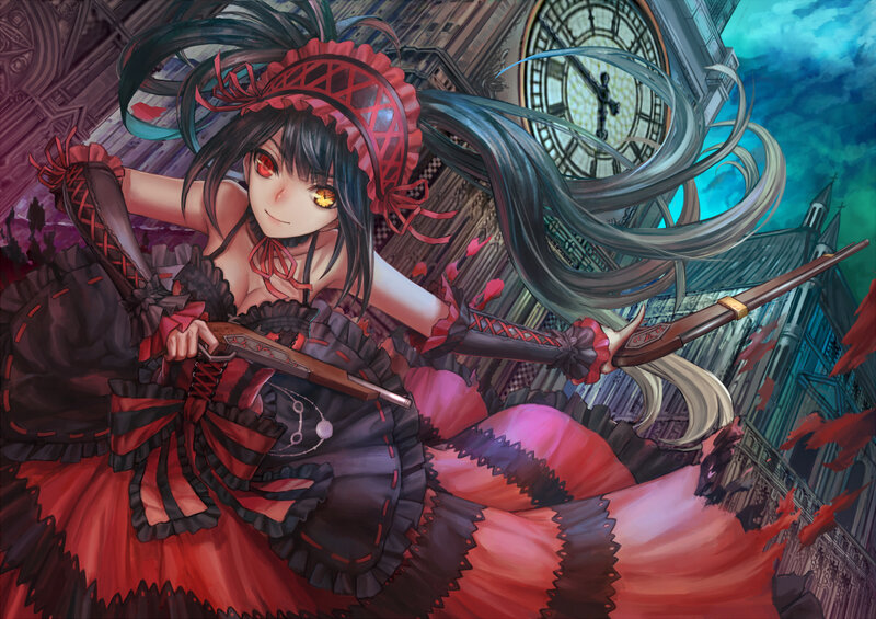 Anime Girl with Rifle — Black, Dramatic, Night, Digital Art, Clock Tower