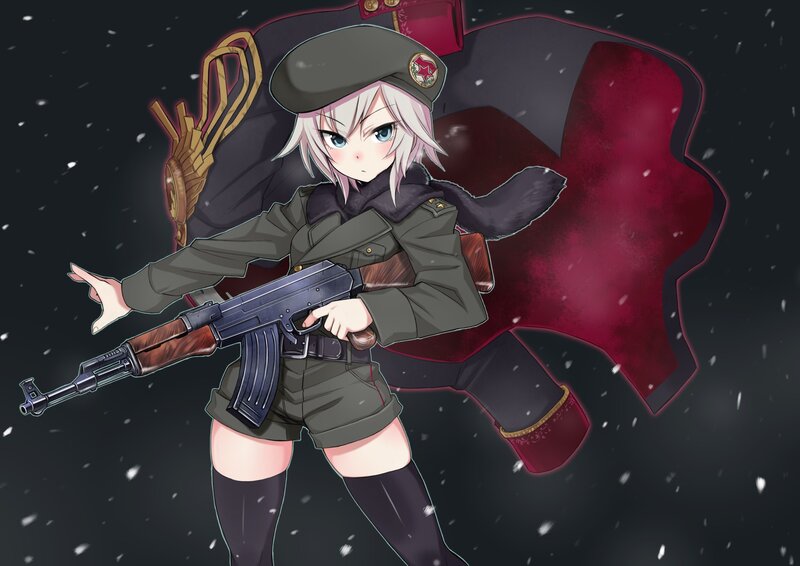Anime Girl with Rifle — Black, Dramatic, Winter, Digital Art