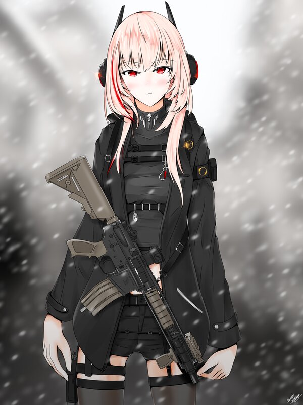 Anime Girl with Rifle — Black, Dramatic, Winter