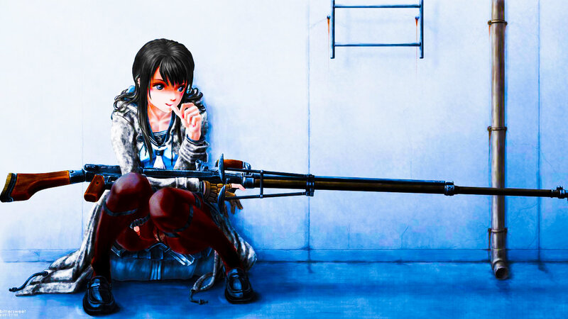 Anime Girl with Rifle — Blue, Calm