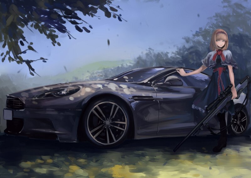 Anime Girl with Rifle — Blue, Dramatic, Afternoon, Digital Art, Car