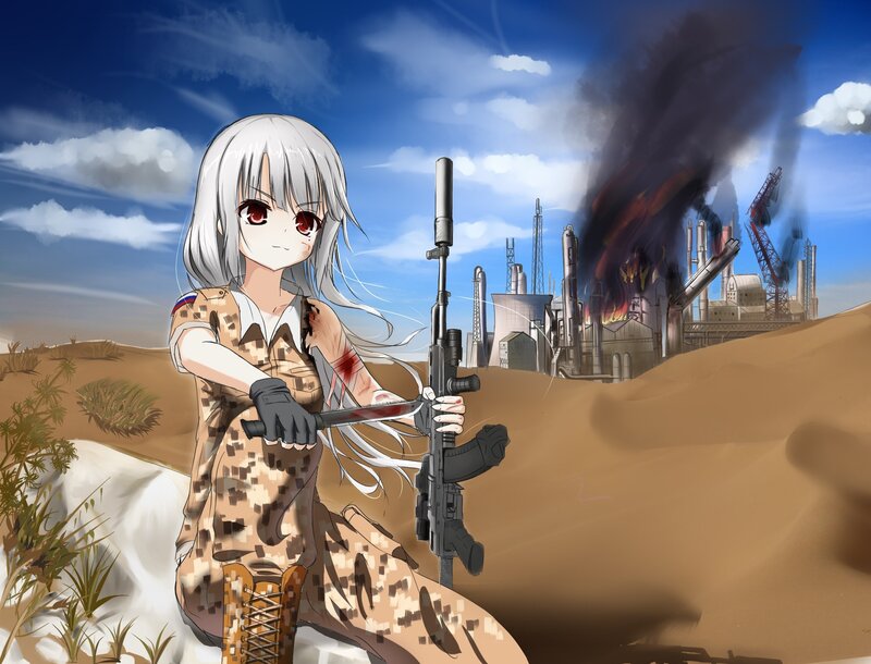 Anime Girl with Rifle — Blue, Dramatic, Afternoon, Digital Art, Desert