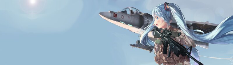 Anime Girl with Rifle — Blue, Dramatic, Afternoon, Digital Art, Fighter Jet