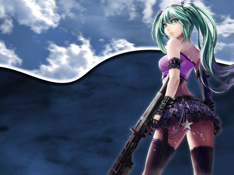 Anime Girl with Rifle — Blue, Dramatic, Afternoon, Digital Art, Skirt
