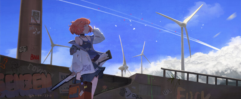 Anime Girl with Rifle — Blue, Dramatic, Afternoon, Digital Art, Wind Turbines