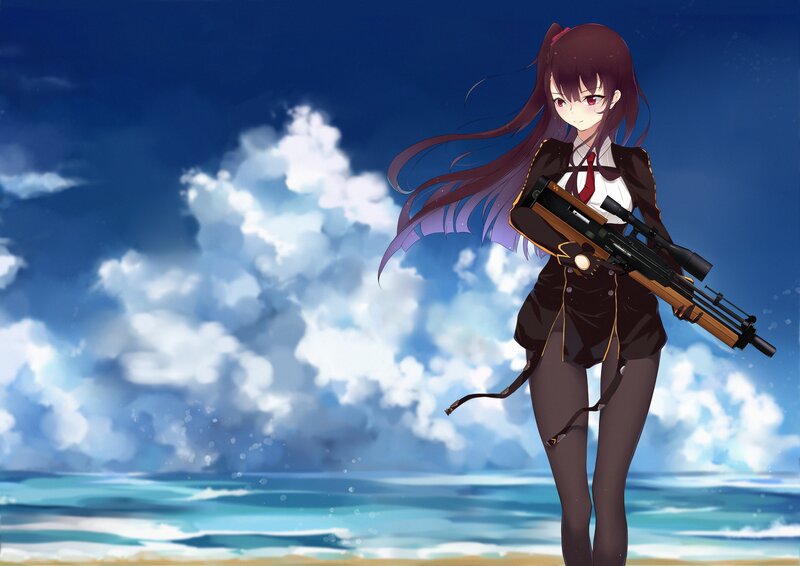 Anime Girl with Rifle — Blue, Dramatic, Afternoon, Ocean