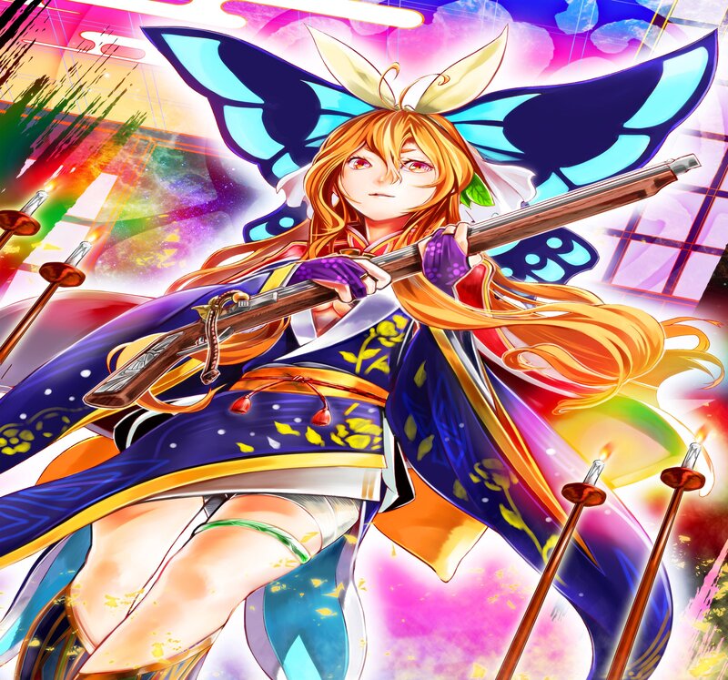 Anime Girl with Rifle — Blue, Dramatic, Digital Art, Butterfly Wings