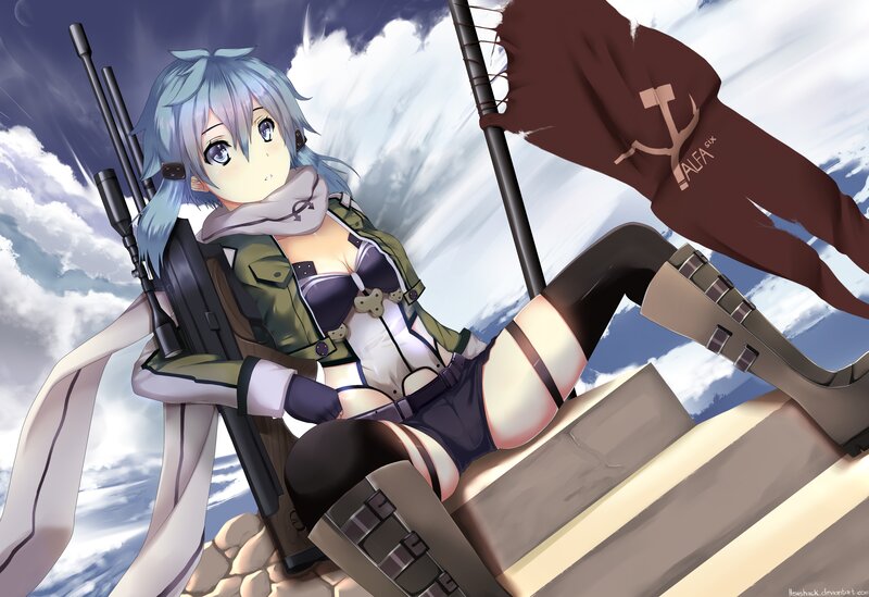 Anime Girl with Rifle — Blue, Dramatic, Digital Art, Flag