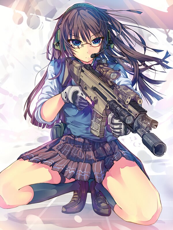 Anime Girl with Rifle — Blue, Dramatic, Digital Art, Glasses