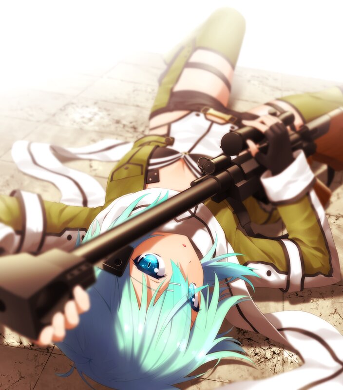 Anime Girl with Rifle — Blue, Dramatic, Green Hair, Floor