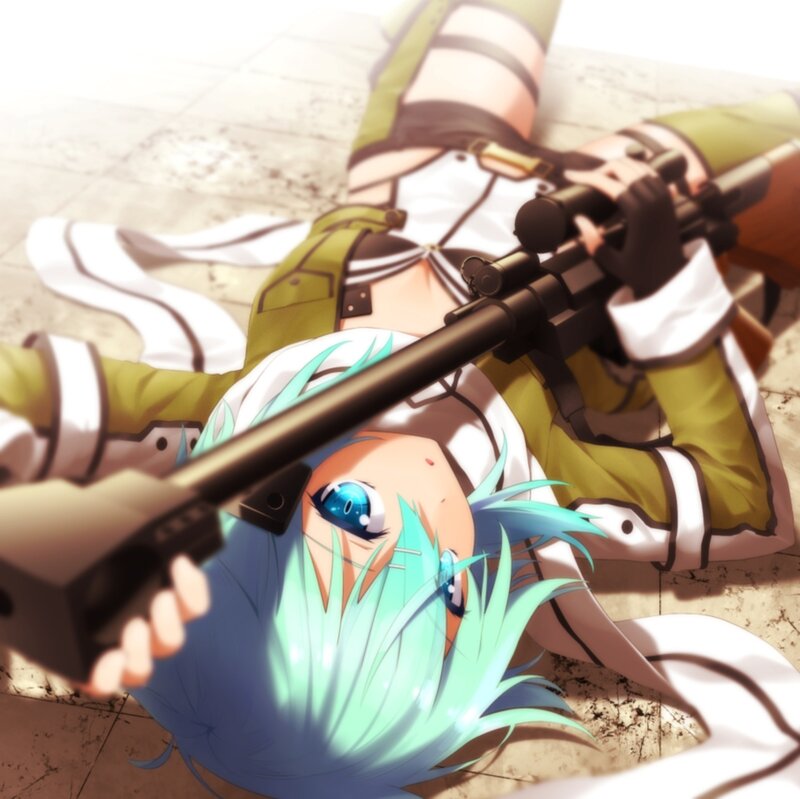 Anime Girl with Rifle — Blue, Dramatic, Green Hair