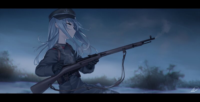 Anime Girl with Rifle — Blue, Dramatic, Night, Digital Art, Cap