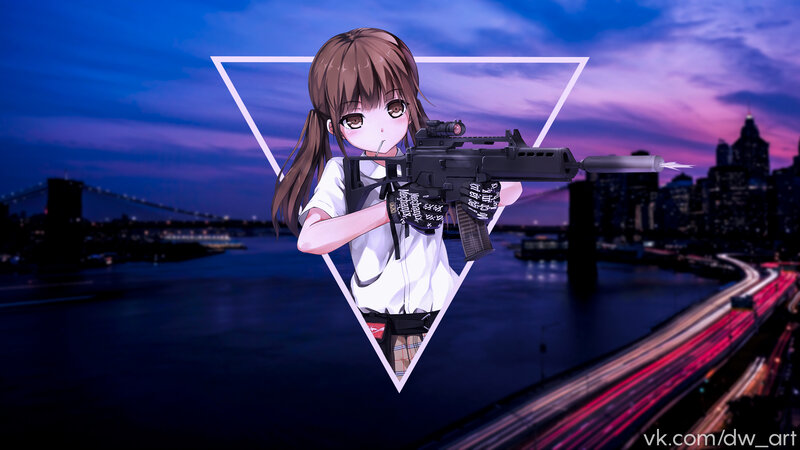 Anime Girl with Rifle — Blue, Dramatic, Night, Digital Art, Cityscape, Bridge