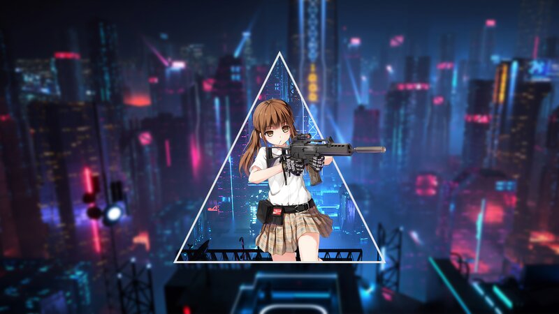 Anime Girl with Rifle — Blue, Dramatic, Night, Digital Art, Cityscape, Skirt