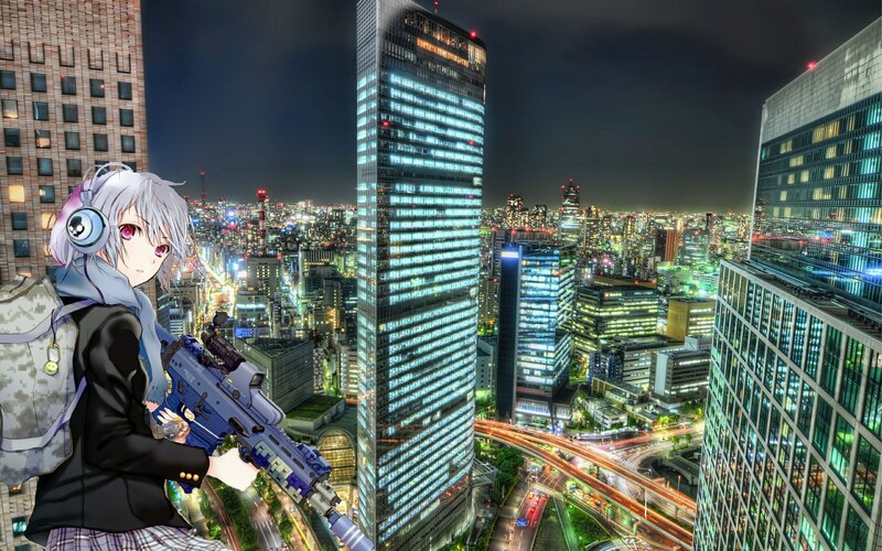 Anime Girl with Rifle — Blue, Dramatic, Night, Digital Art, Cityscape