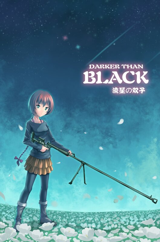 Anime Girl with Rifle — Blue, Dramatic, Night, Digital Art, Flowers