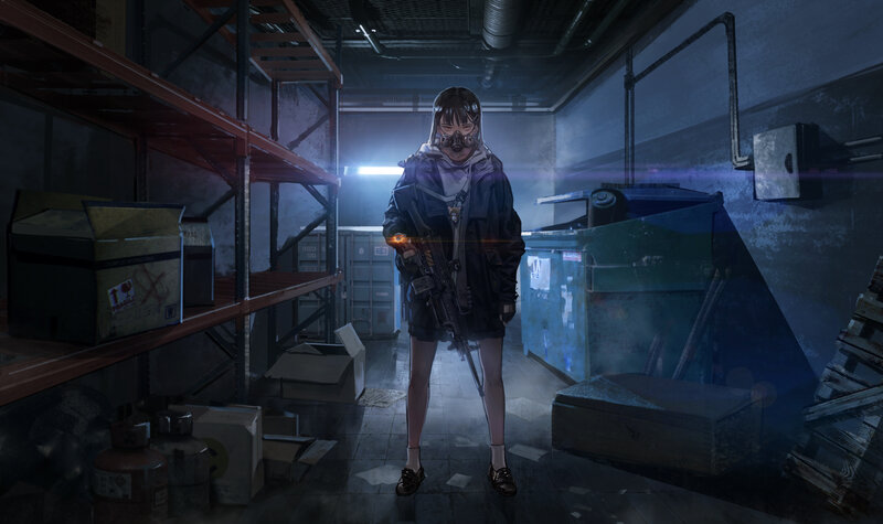 Anime Girl with Rifle — Blue, Dramatic, Night, Digital Art, Gas Mask