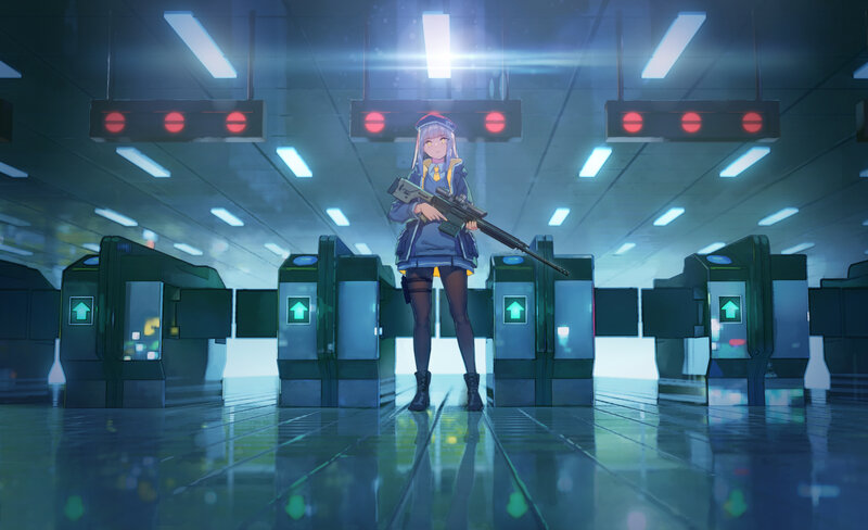 Anime Girl with Rifle — Blue, Dramatic, Night, Digital Art, Turnstiles