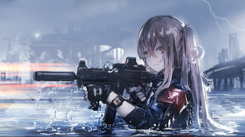 Anime Girl with Rifle — Blue, Dramatic, Night, Digital Art, Water