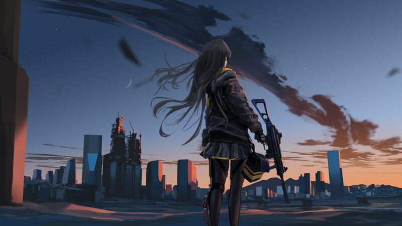 Anime Girl with Rifle — Blue, Dramatic, Sunset, Digital Art, City Skyline