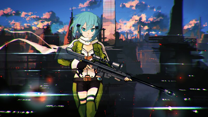 Anime Girl with Rifle — Blue, Dramatic, Sunset