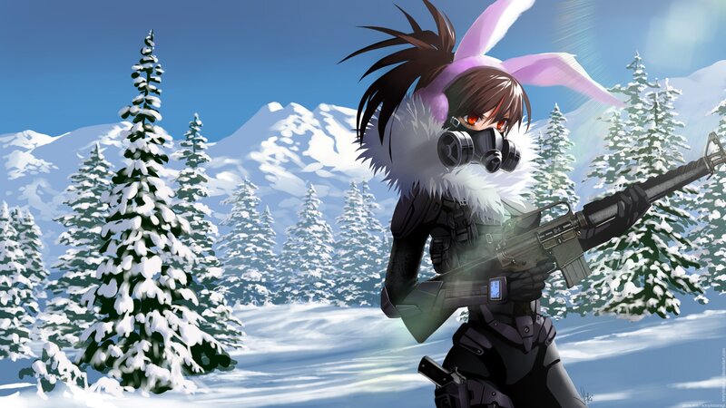 Anime Girl with Rifle — Blue, Dramatic, Winter, Digital Art, Gas Mask