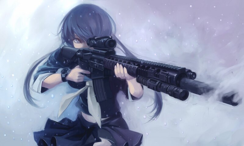 Anime Girl with Rifle — Blue, Dramatic, Winter, Digital Art