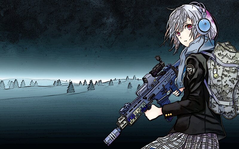 Anime Girl with Rifle — Blue, Dramatic, Winter