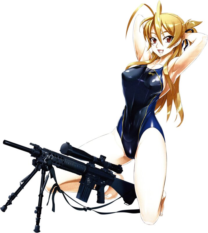 Anime Girl with Rifle — Blue, Playful, Swimsuit