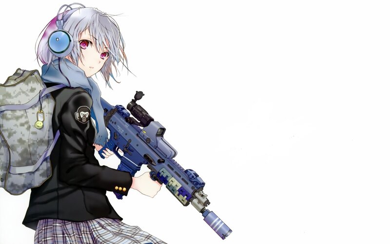 Anime Girl with Rifle — Blue, Serious