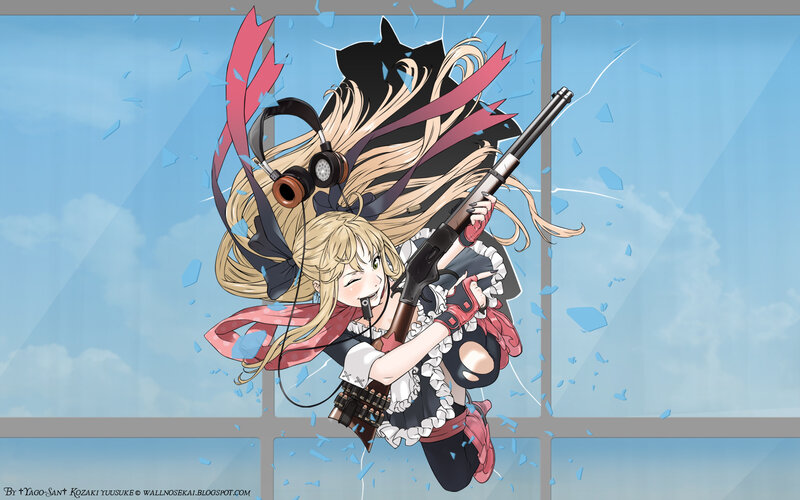 anime girl with rifle breaking glass