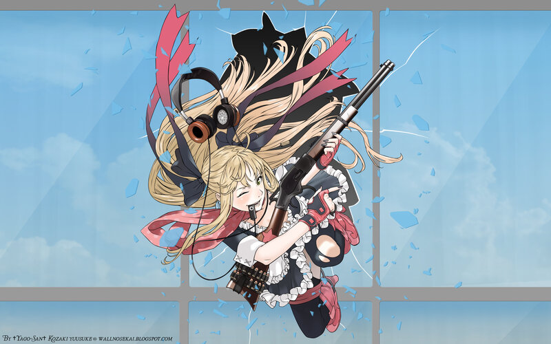 anime girl with rifle breaking glass
