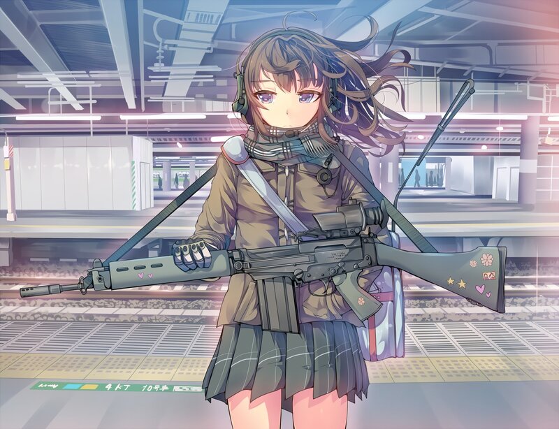 Anime Girl with Rifle — Brown, Calm, Digital Art