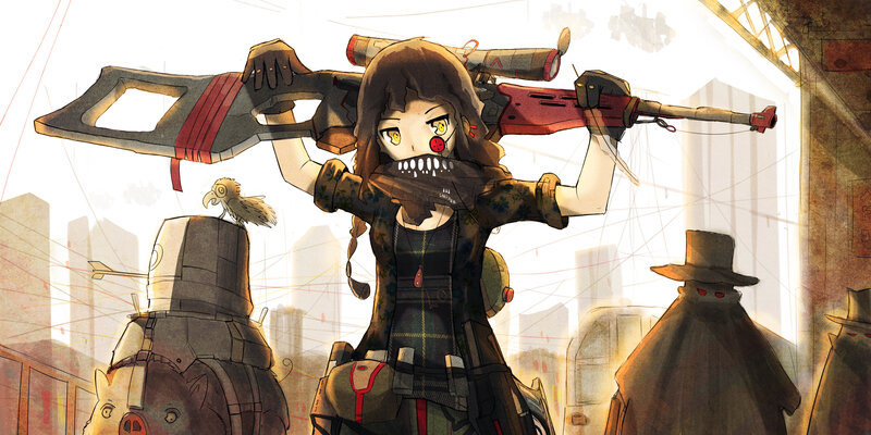 Anime Girl with Rifle — Brown, Dramatic, Afternoon, Digital Art, Bird