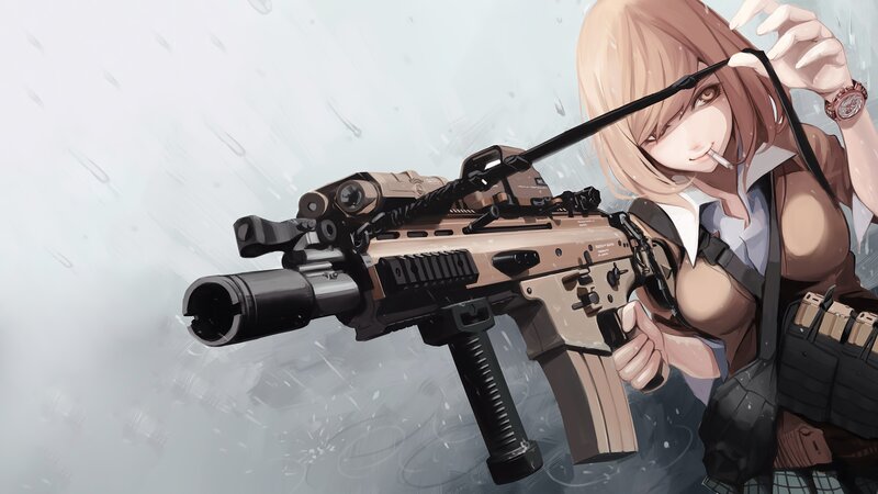 Anime Girl with Rifle — Brown, Dramatic, Digital Art, Cigarette