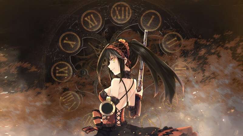 Anime Girl with Rifle — Brown, Dramatic, Digital Art, Clock