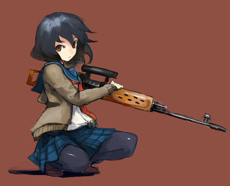 Anime Girl with Rifle — Brown, Serious, Digital Art, School Uniform