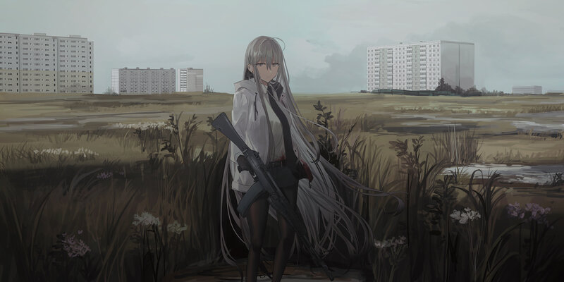 Anime Girl with Rifle — Gray, Dramatic, Digital Art, Apartment Buildings
