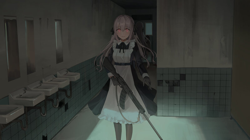 Anime Girl with Rifle — Gray, Dramatic, Digital Art, Dress
