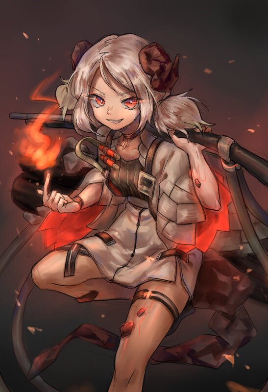 Anime Girl with Rifle — Gray, Dramatic, Digital Art, Fire