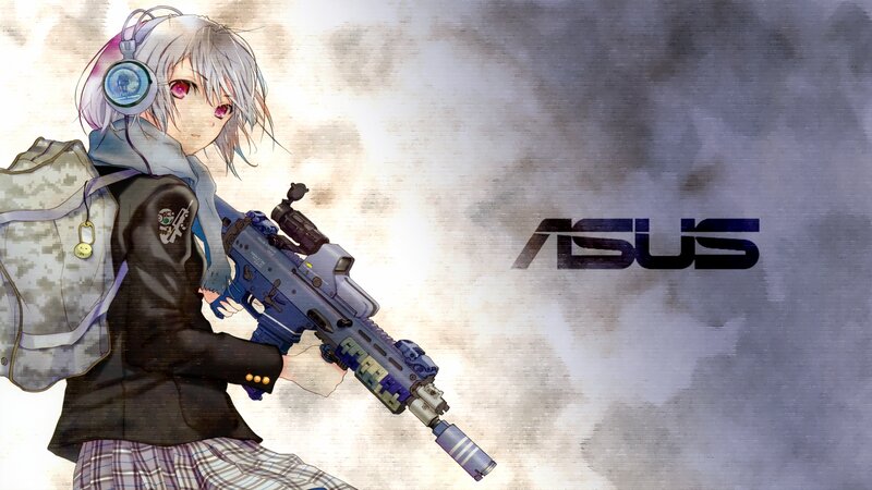 Anime Girl with Rifle — Gray, Dramatic, Digital Art, Headphones