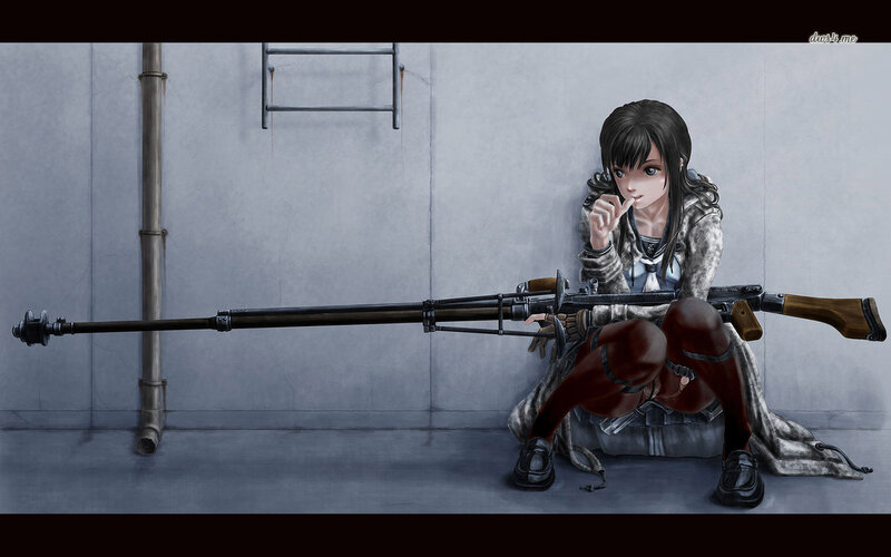 Anime Girl with Rifle — Gray, Dramatic, Digital Art, Ladder